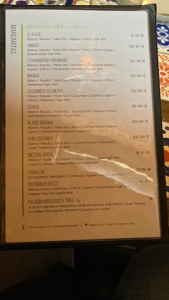 Menu, Añejo Restaurant