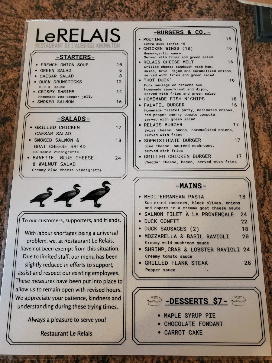 Menu, Restaurant - Bistro LeRelais