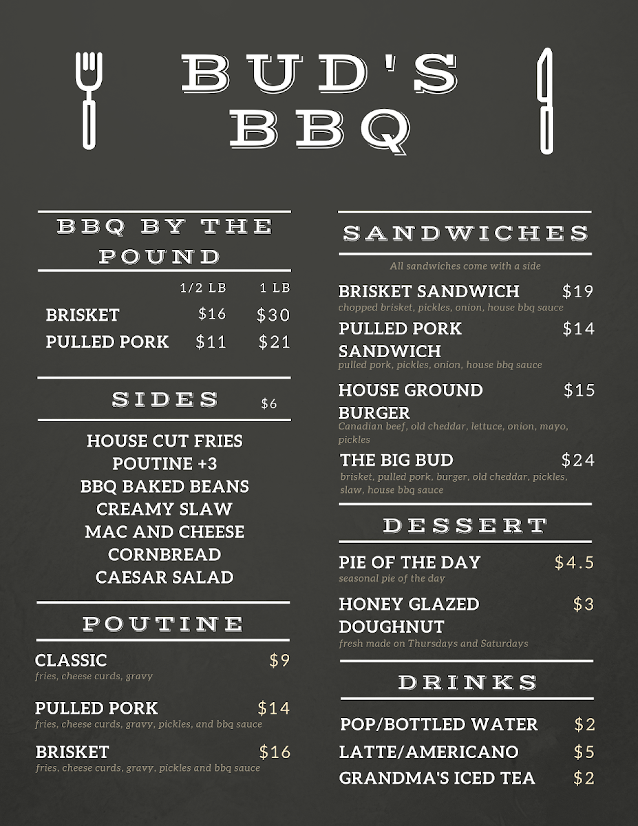 Menu, Bud's BBQ