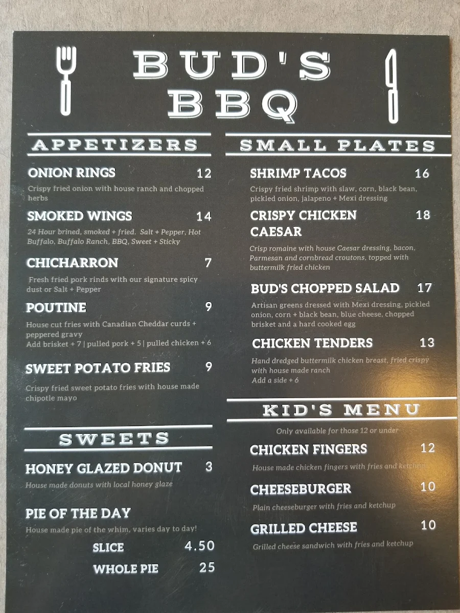 Menu, Bud's BBQ