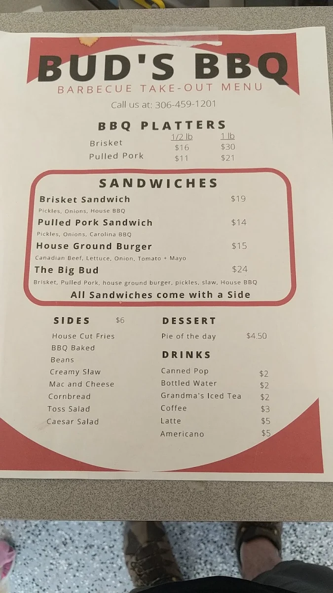 Menu, Bud's BBQ