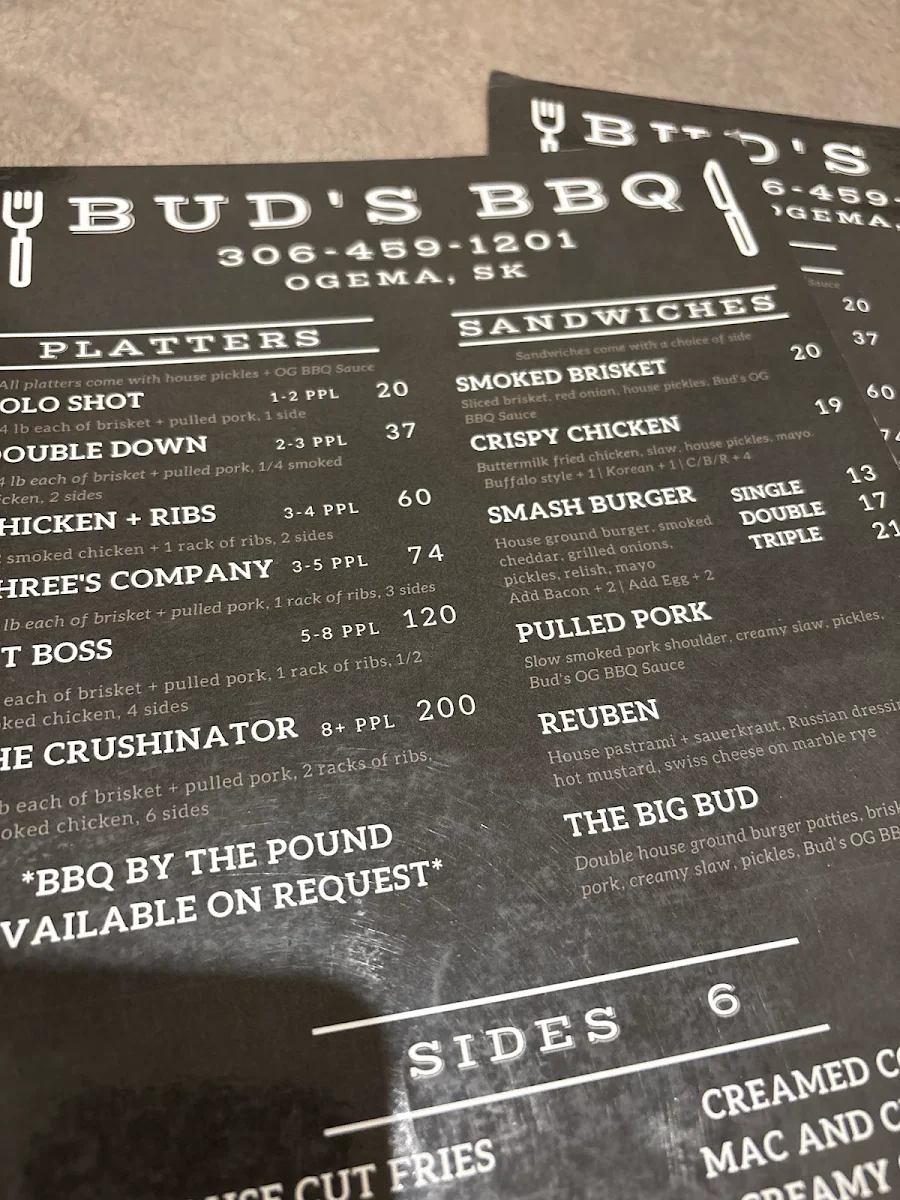 Menu, Bud's BBQ