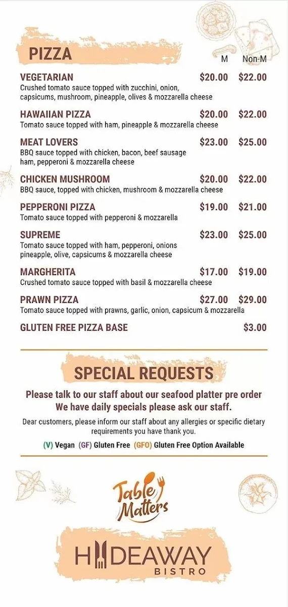Menu, Hideaway Bistro