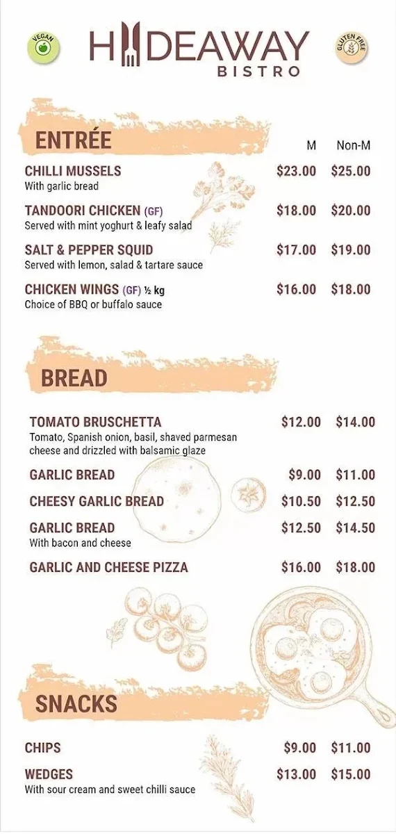 Menu, Hideaway Bistro