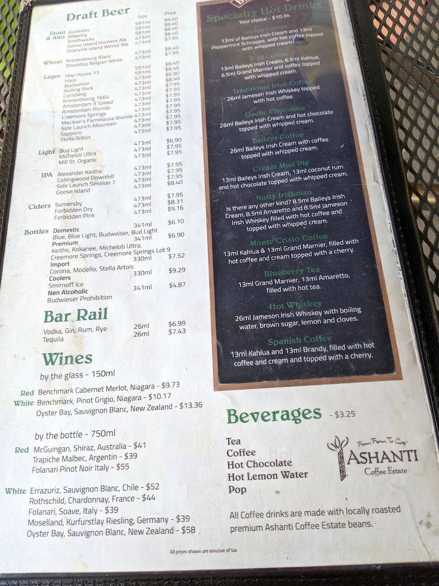 Menu, MJ Byrne's Irish Pub