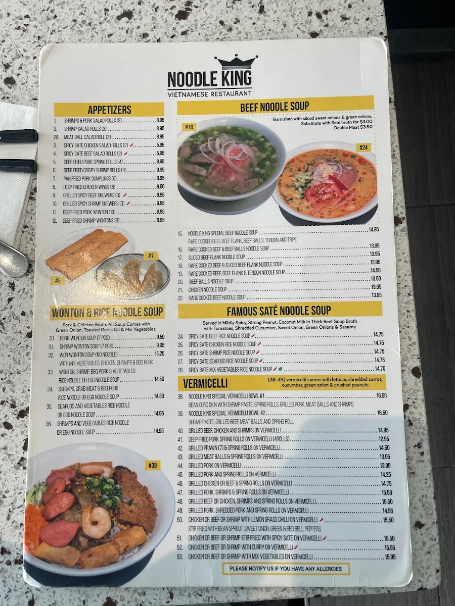 Menu, Noodle King