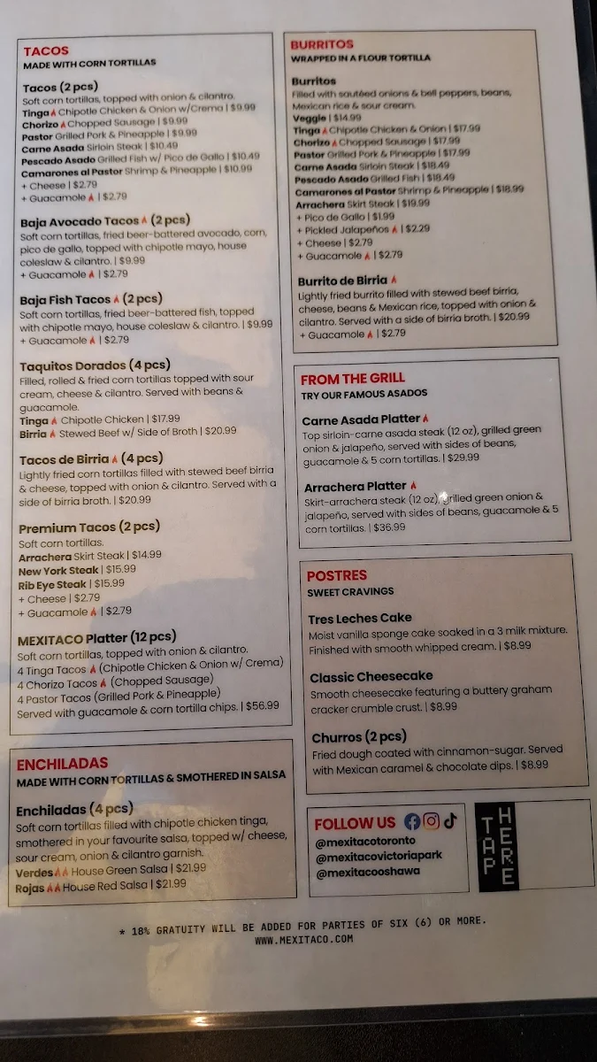 Menu, MEXITACO Cantina
