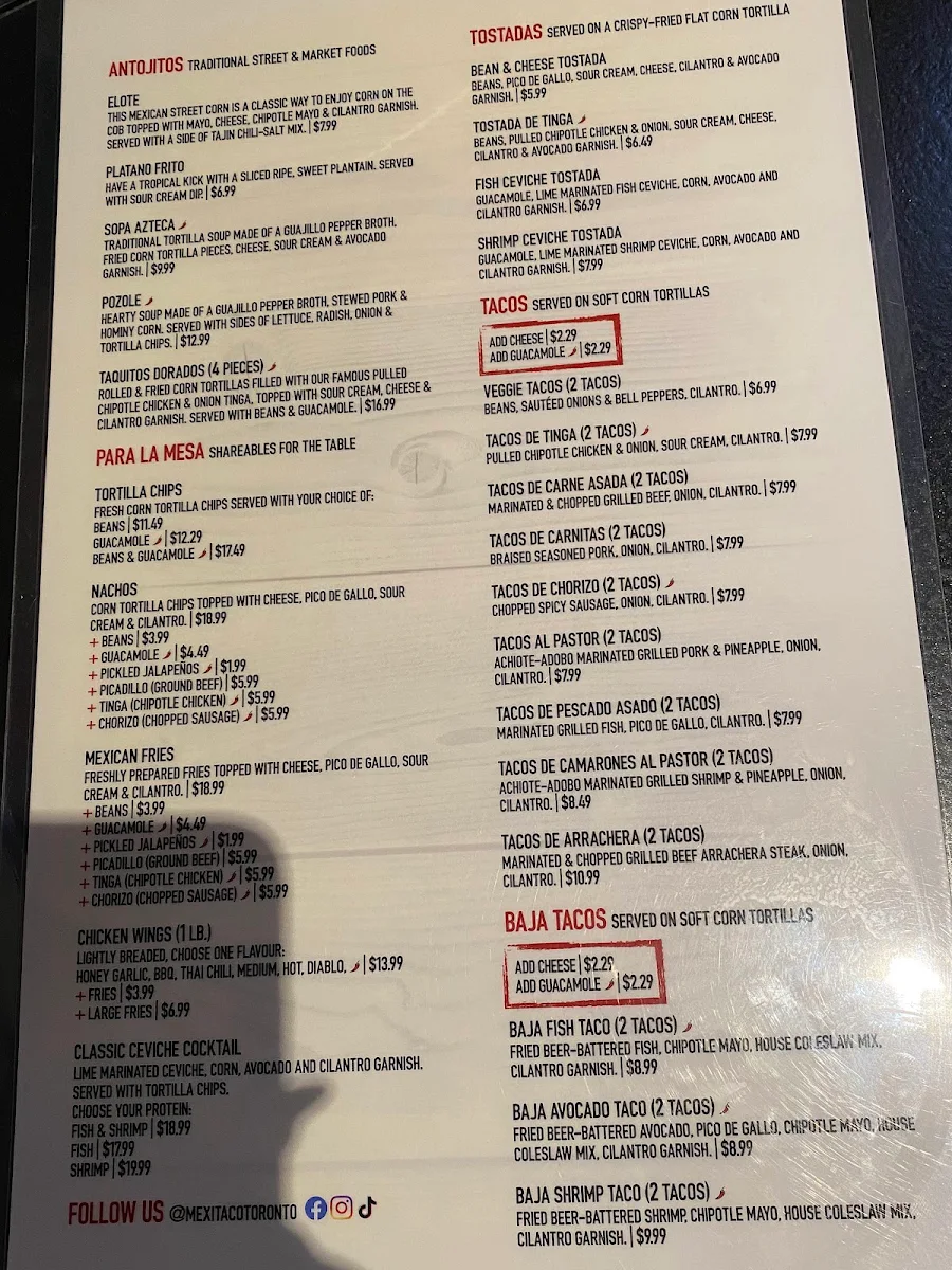 Menu, MEXITACO Cantina