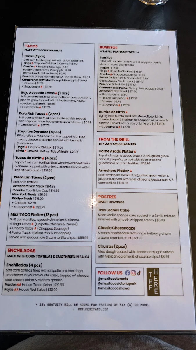 Menu, MEXITACO Cantina