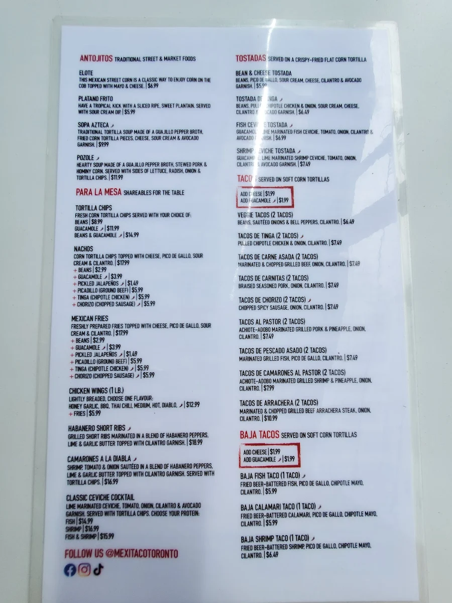 Menu, MEXITACO Cantina