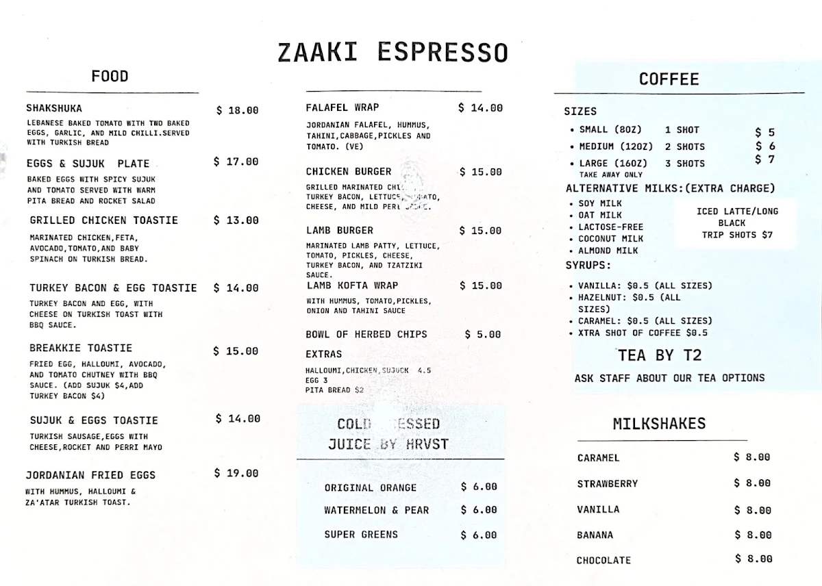 Menu, Zaaki Espresso