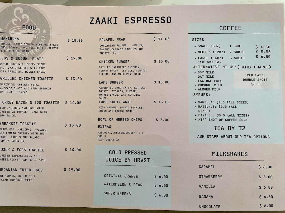 Menu, Zaaki Espresso