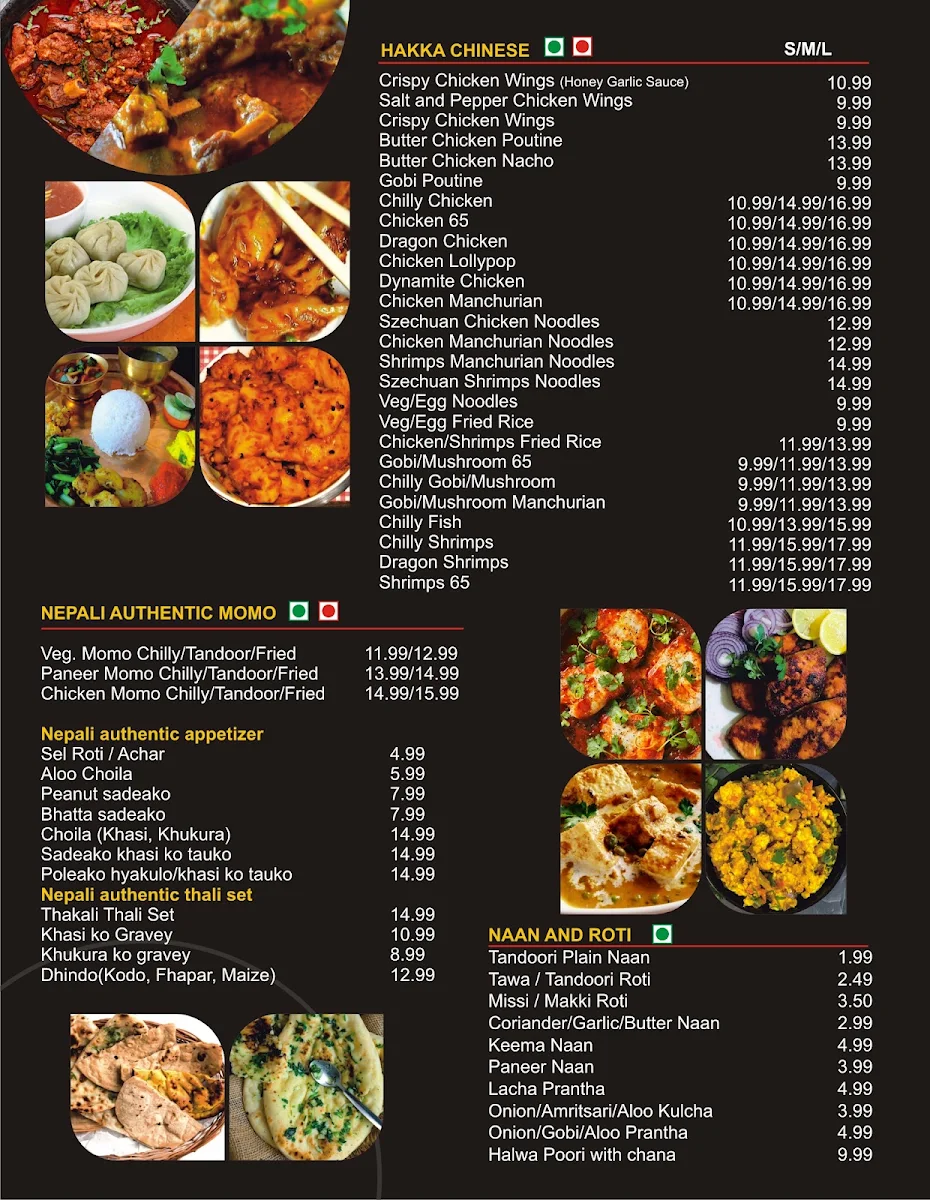 Menu, Bombay Bar & Grill