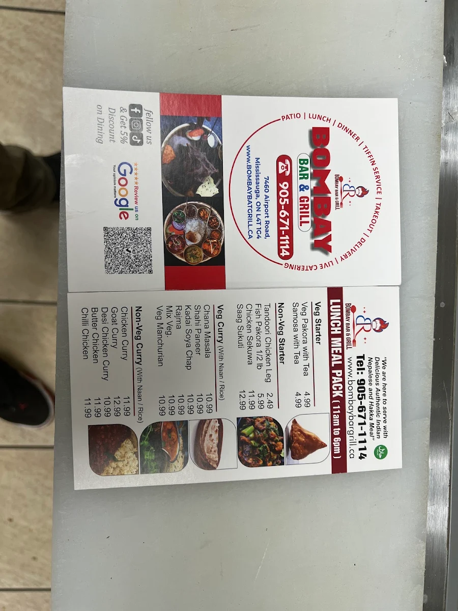 Menu, Bombay Bar & Grill