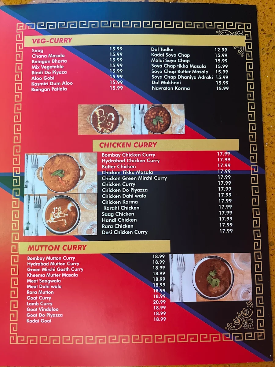 Menu, Bombay Bar & Grill