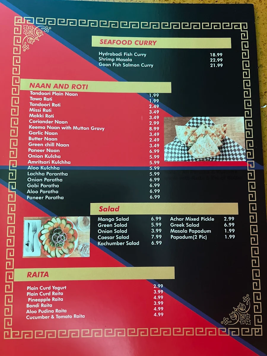 Menu, Bombay Bar & Grill