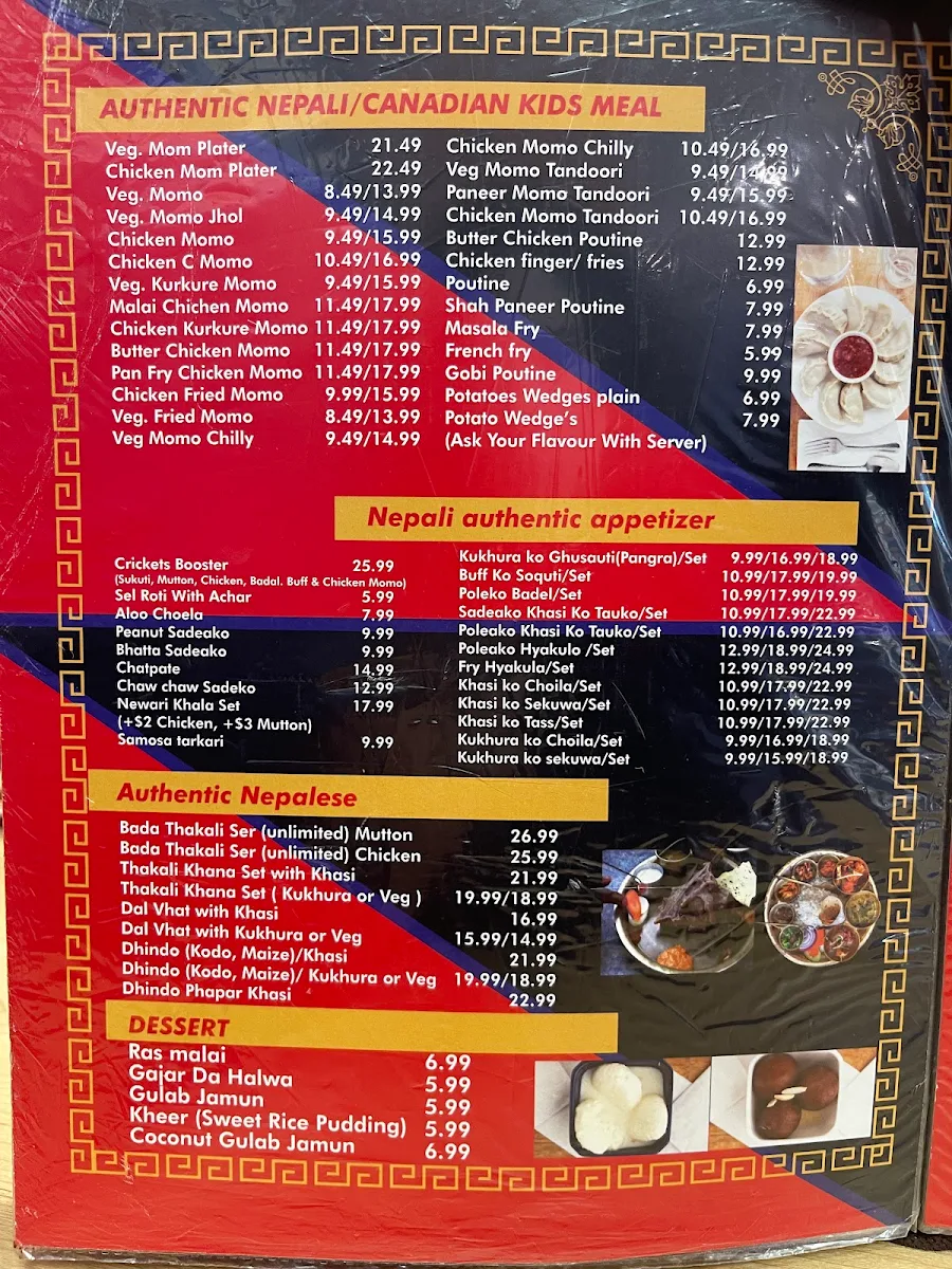 Menu, Bombay Bar & Grill