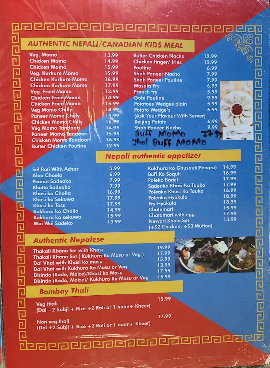 Menu, Bombay Bar & Grill