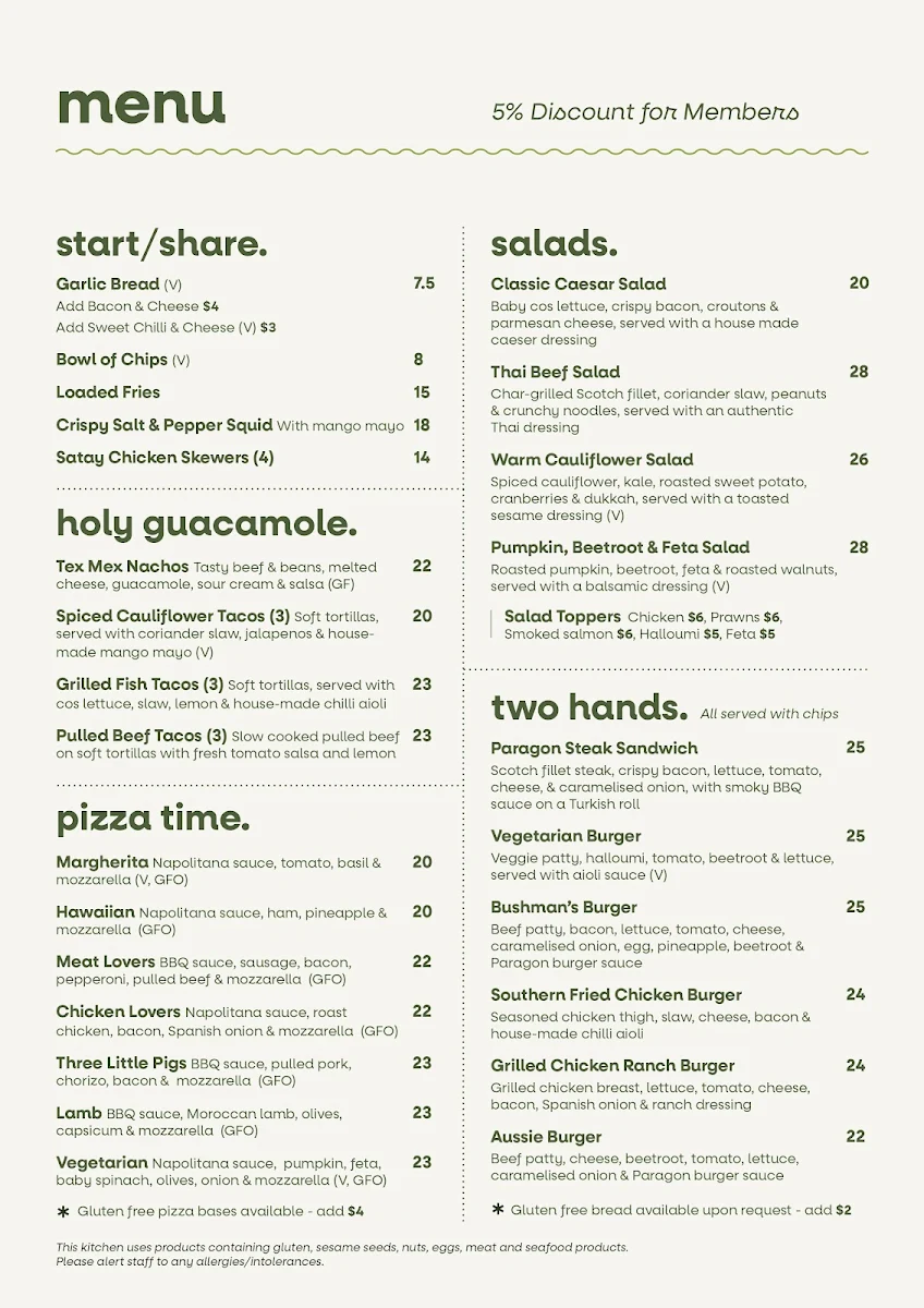 Menu, Paragon Hotel