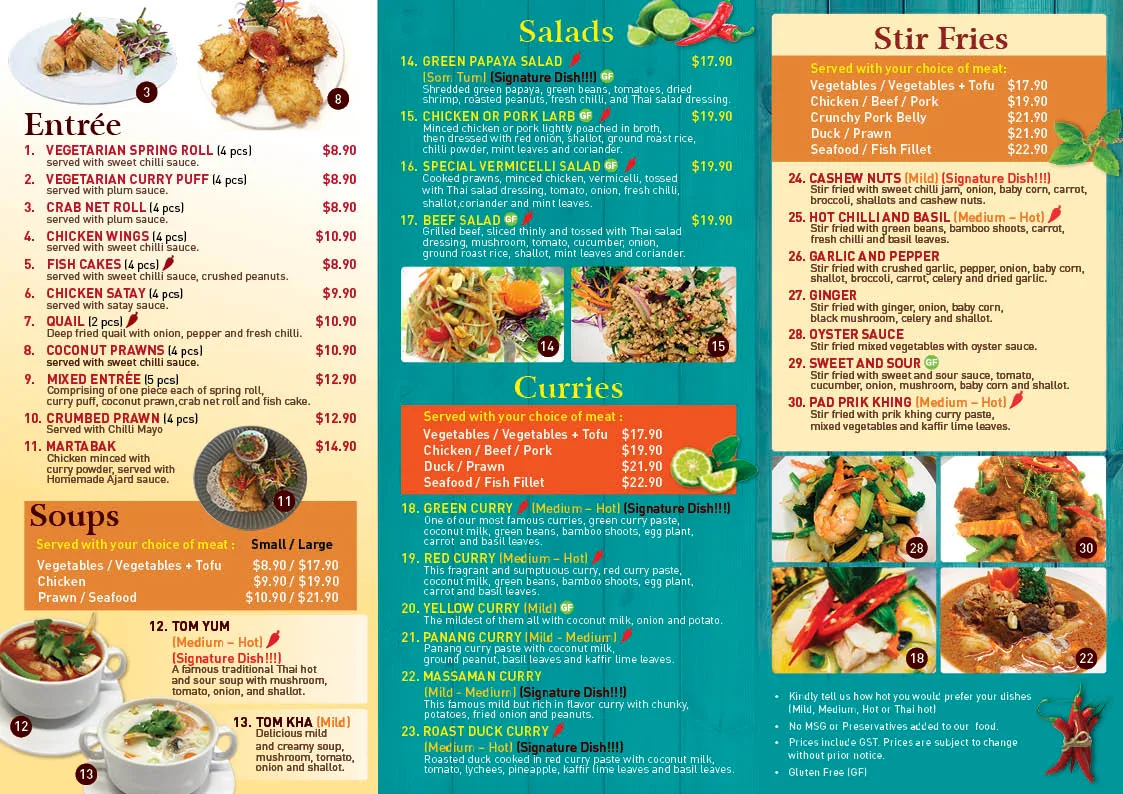 Menu, Arundel Thai restaurant (Parkwood)