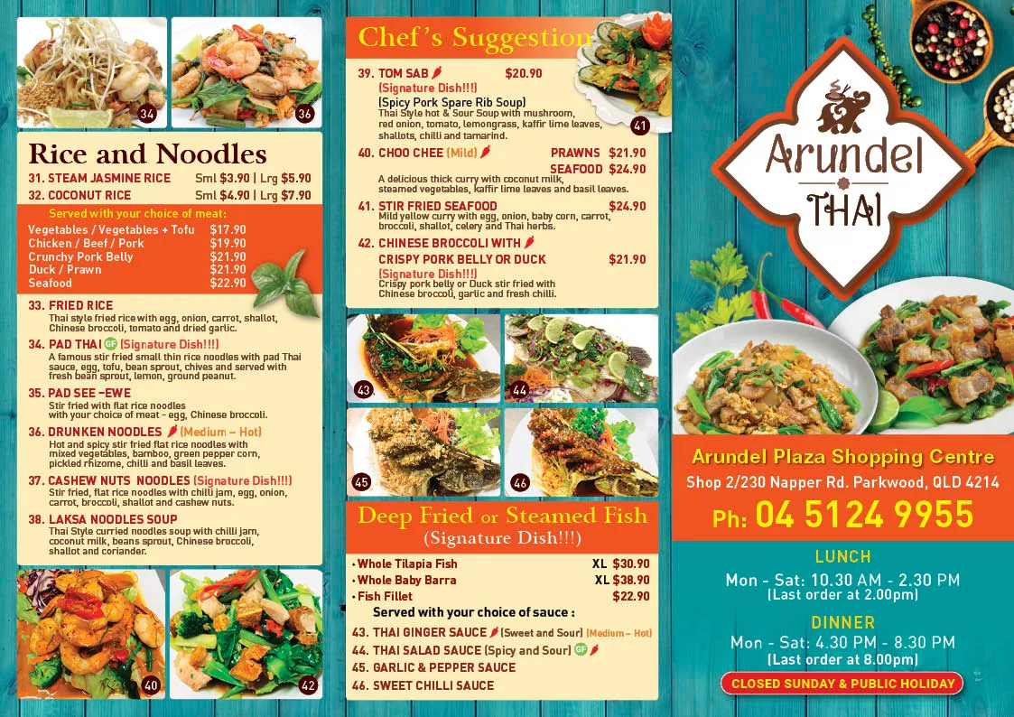 Menu, Arundel Thai restaurant (Parkwood)