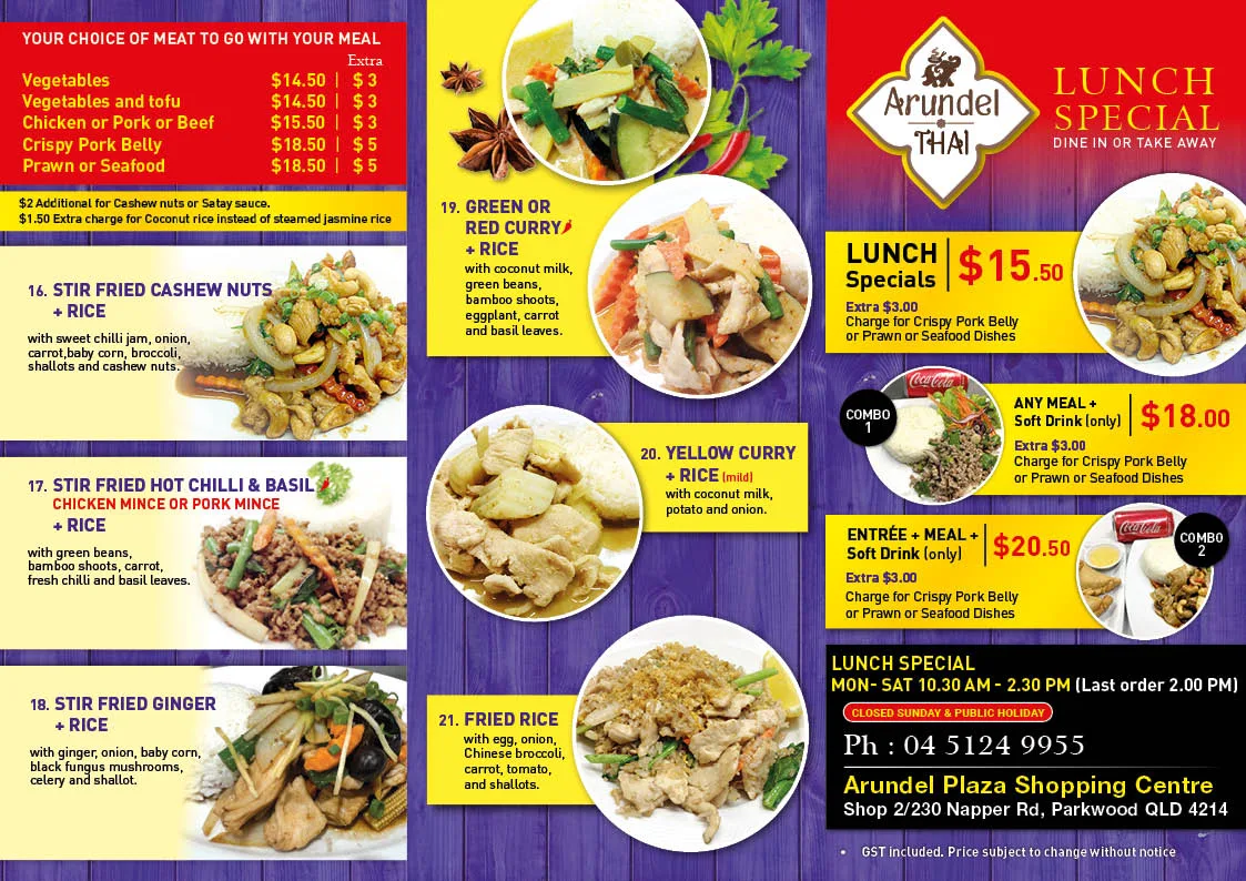 Menu, Arundel Thai restaurant (Parkwood)