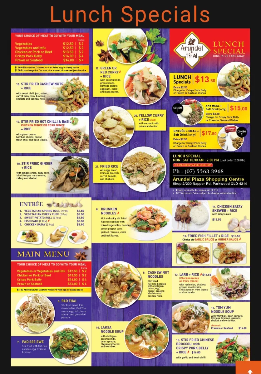 Menu, Arundel Thai restaurant (Parkwood)