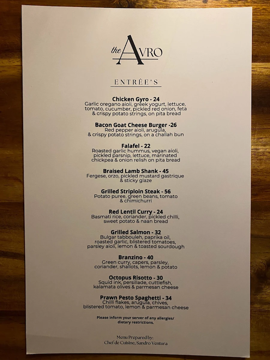 Menu, The Avro