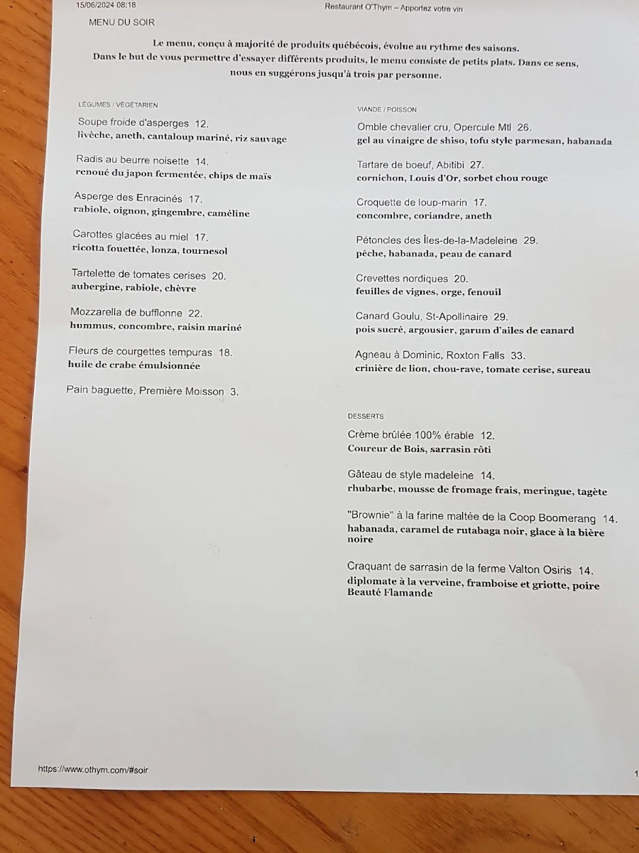 Menu, O-Thym