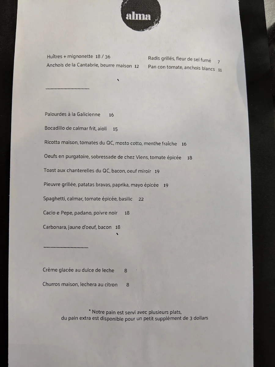 Menu, ALMA