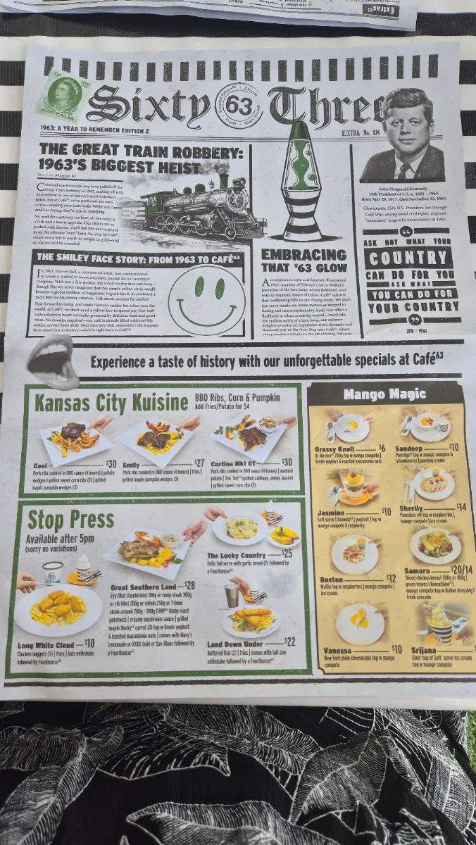 Menu, Cafe 63 Underwood