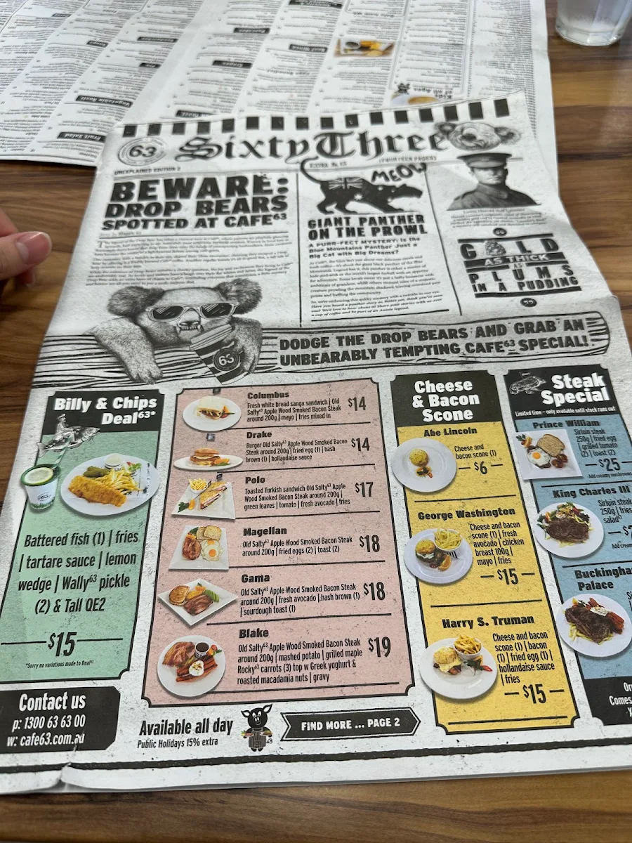 Menu, Cafe 63 Underwood
