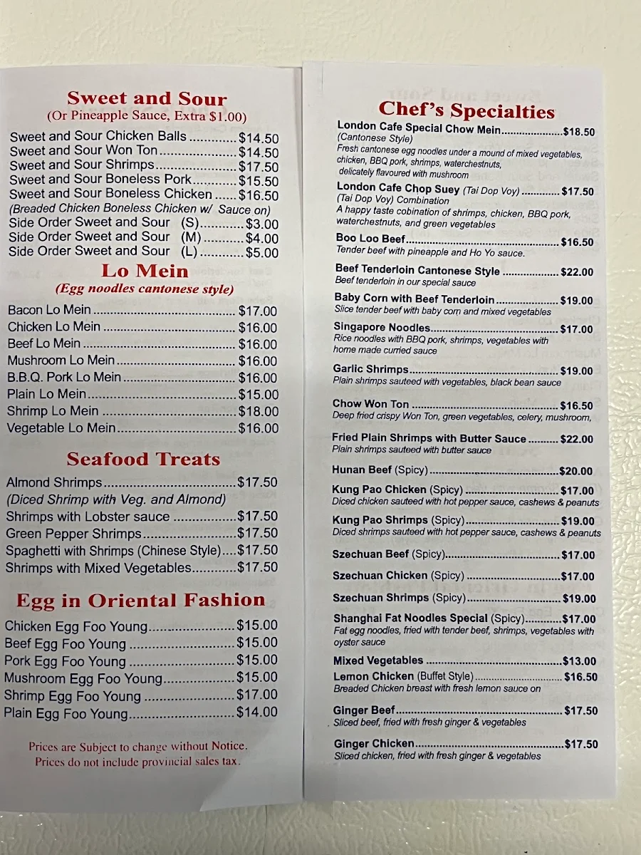 Menu, London Cafe Restaurant & Tvrn