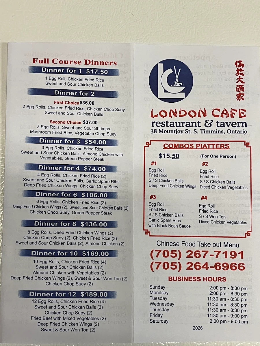 Menu, London Cafe Restaurant & Tvrn