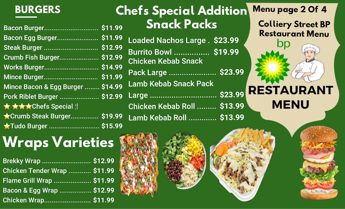 Menu, BP Moranbah - (Authentic Australian Cuisine Restaurant & Petrol Station)
