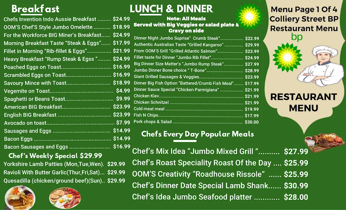 Menu, BP Moranbah - (Authentic Australian Cuisine Restaurant & Petrol Station)