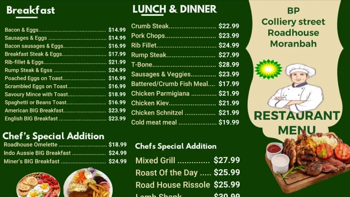 Menu, BP Moranbah - (Authentic Australian Cuisine Restaurant & Petrol Station)