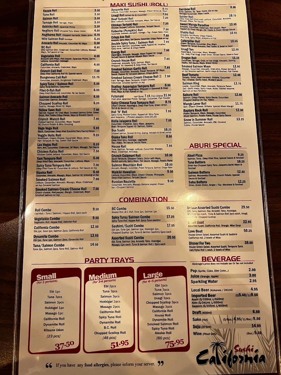 Menu, Sushi California