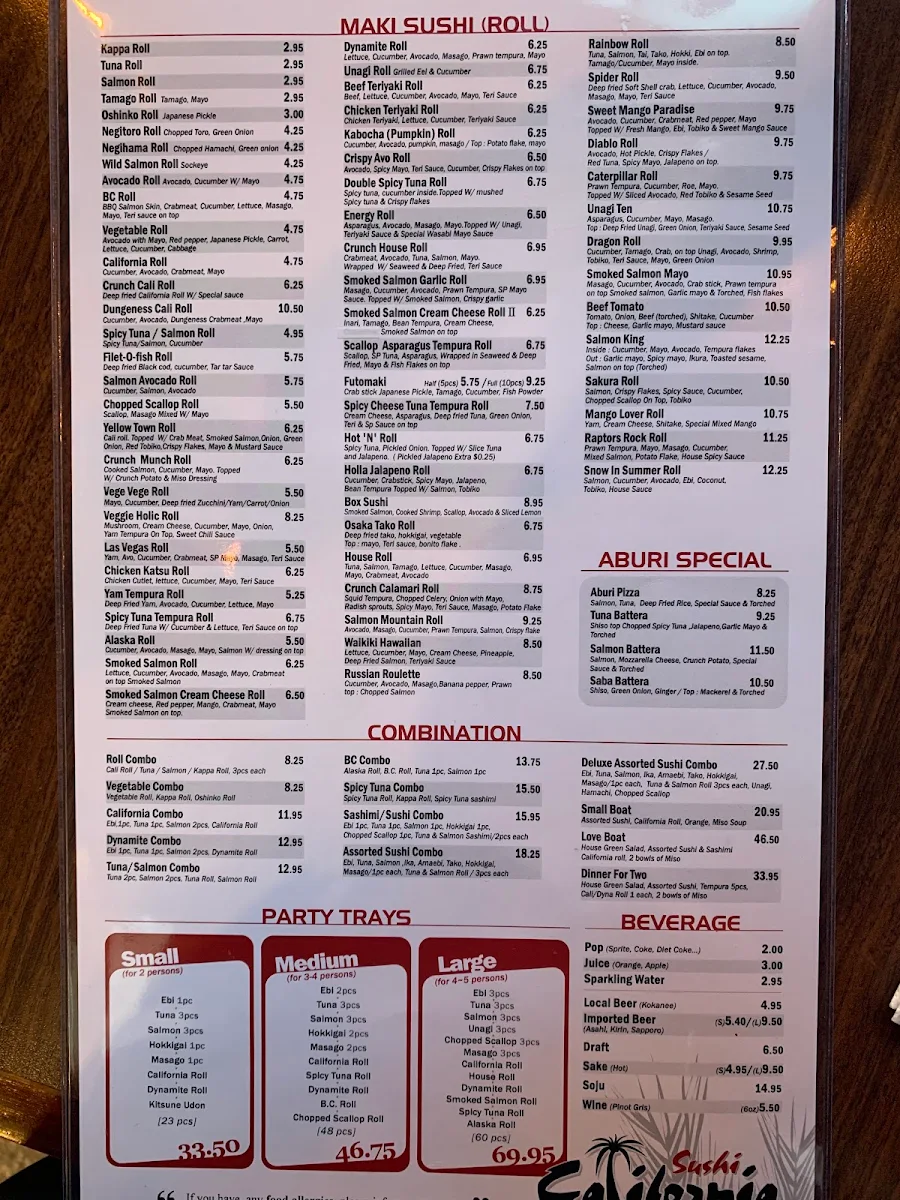 Menu, Sushi California