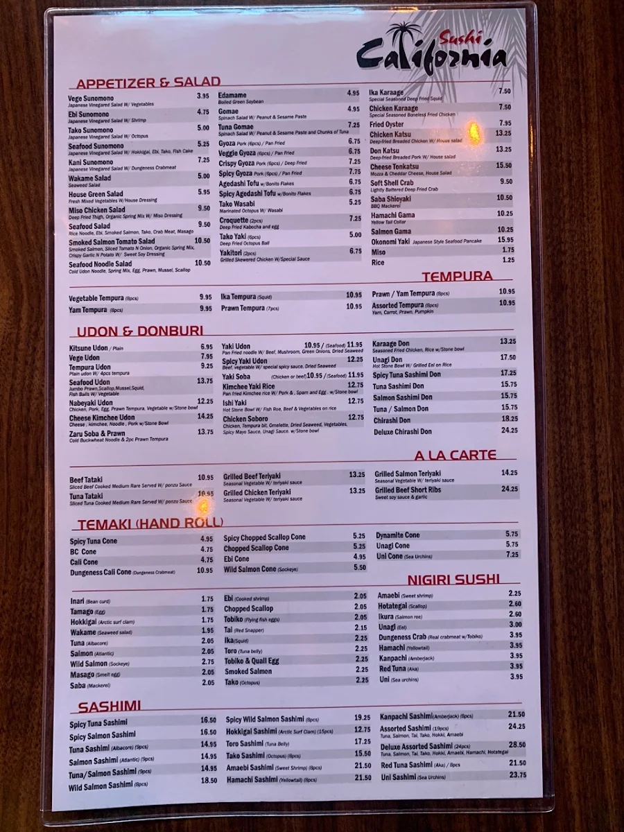 Menu, Sushi California