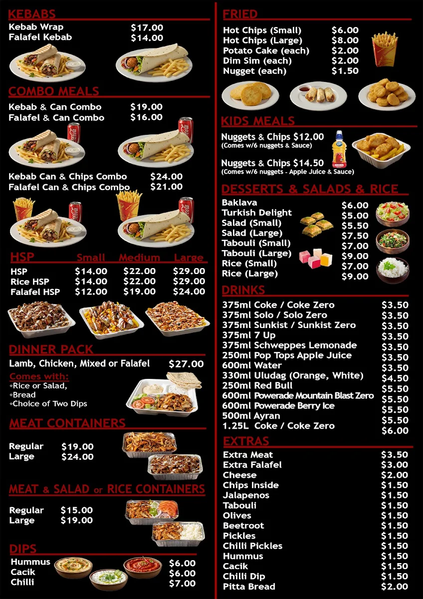 Menu, Essendon Kebabs
