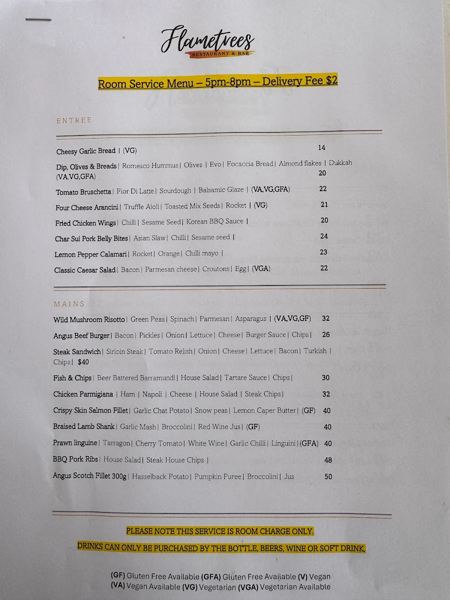 Menu, Flametrees Restaurant, Cafe & Bar