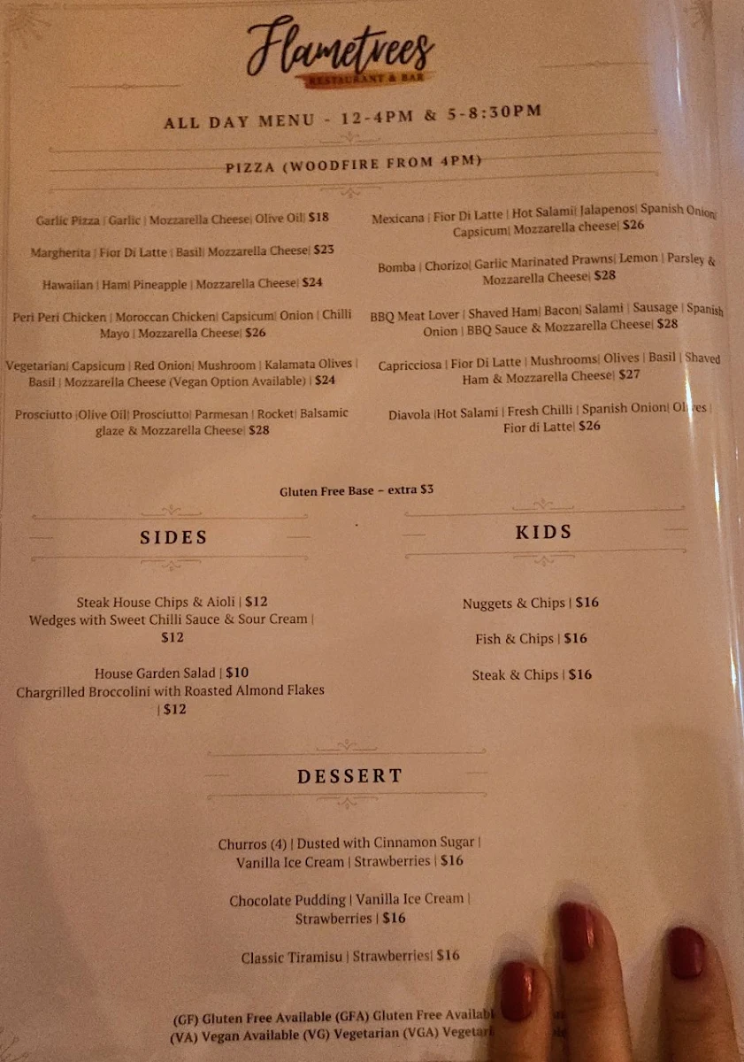 Menu, Flametrees Restaurant, Cafe & Bar