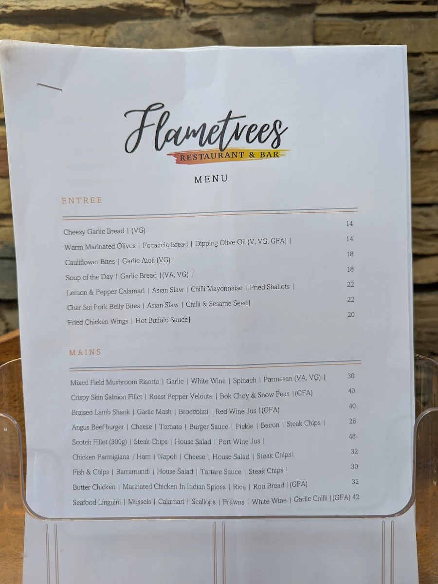 Menu, Flametrees Restaurant, Cafe & Bar