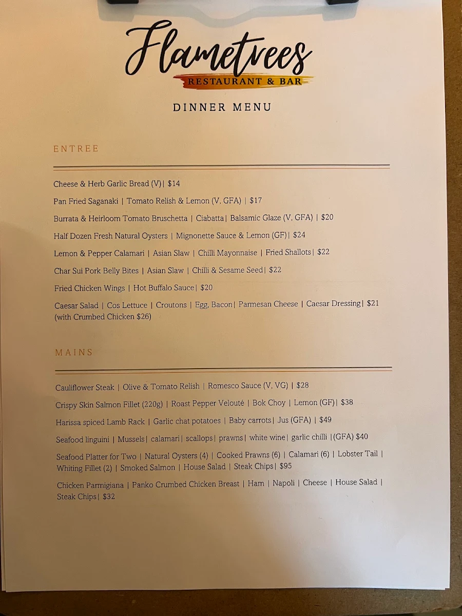 Menu, Flametrees Restaurant, Cafe & Bar