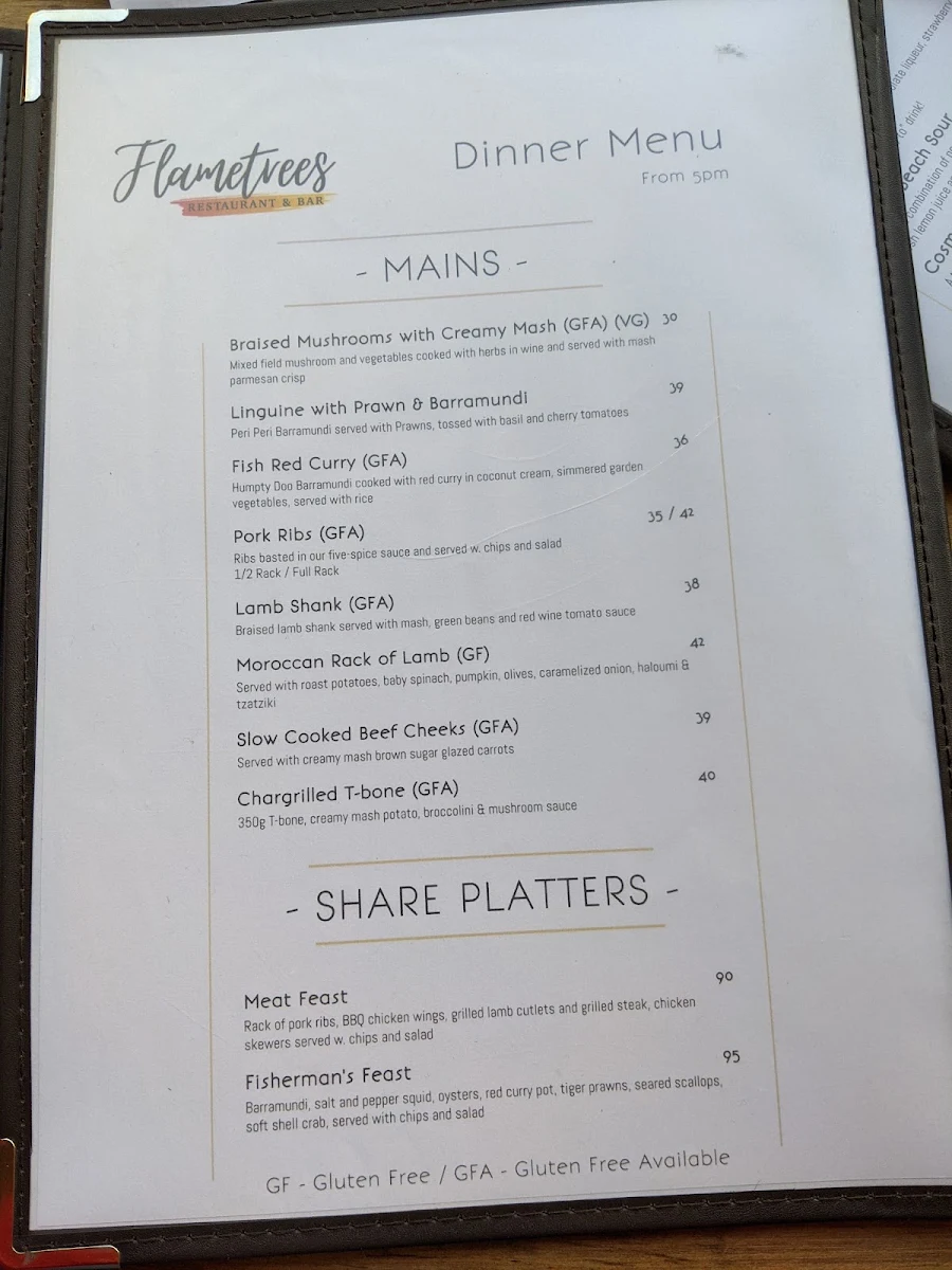 Menu, Flametrees Restaurant, Cafe & Bar