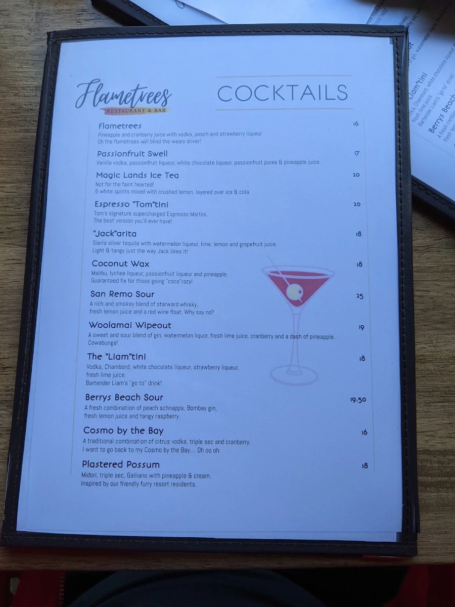 Menu, Flametrees Restaurant, Cafe & Bar