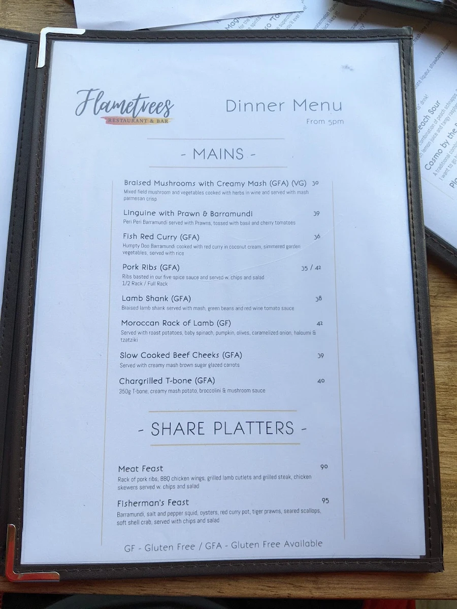 Menu, Flametrees Restaurant, Cafe & Bar