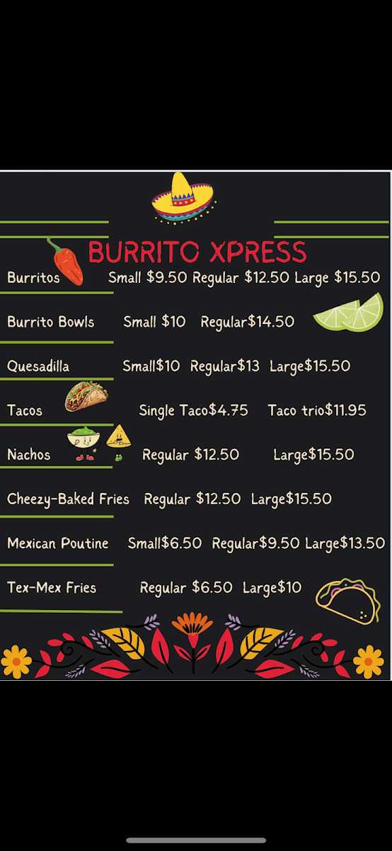 Menu, Burrito Xpress