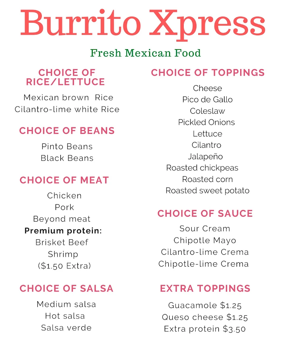 Menu, Burrito Xpress
